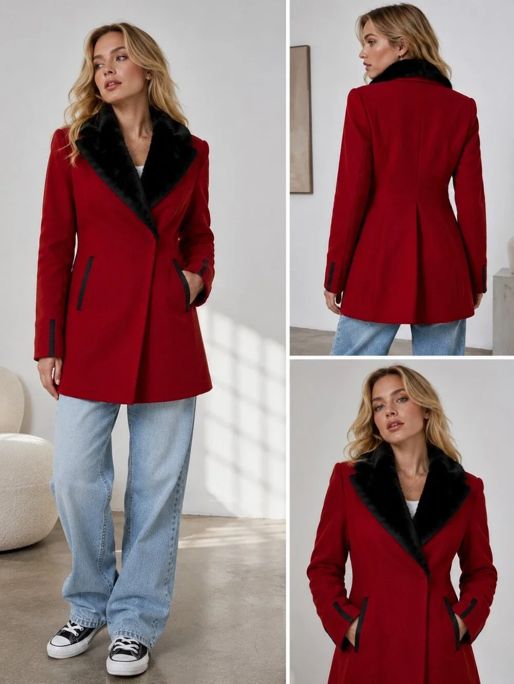 Blu Pepé | Faux Fur Wool Coat red Pea Coat medium